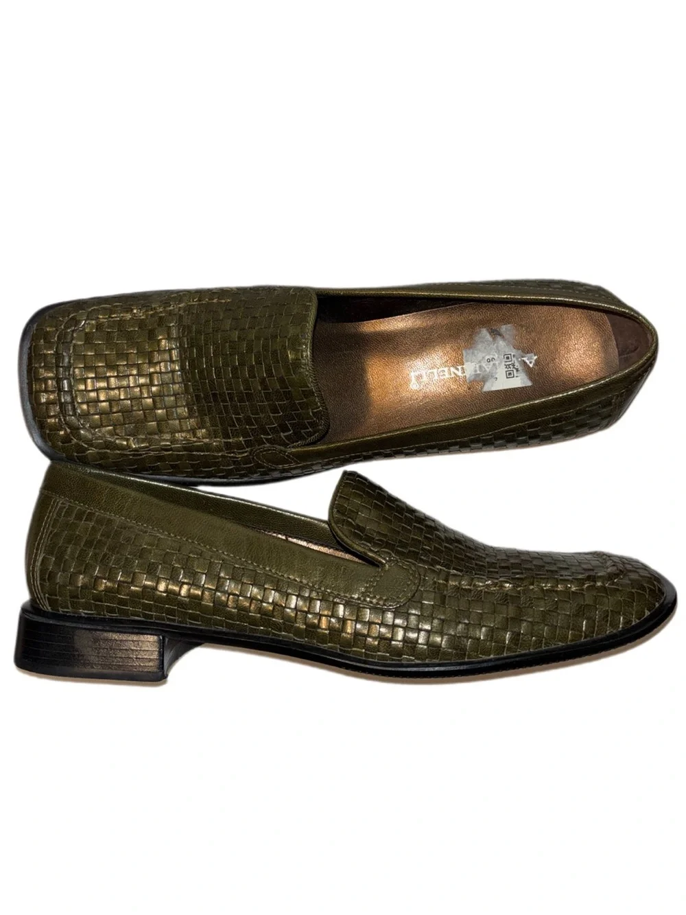 A. Marinelli Olive Woven Leather Loafers olive green Woman's Size 8 square toe
